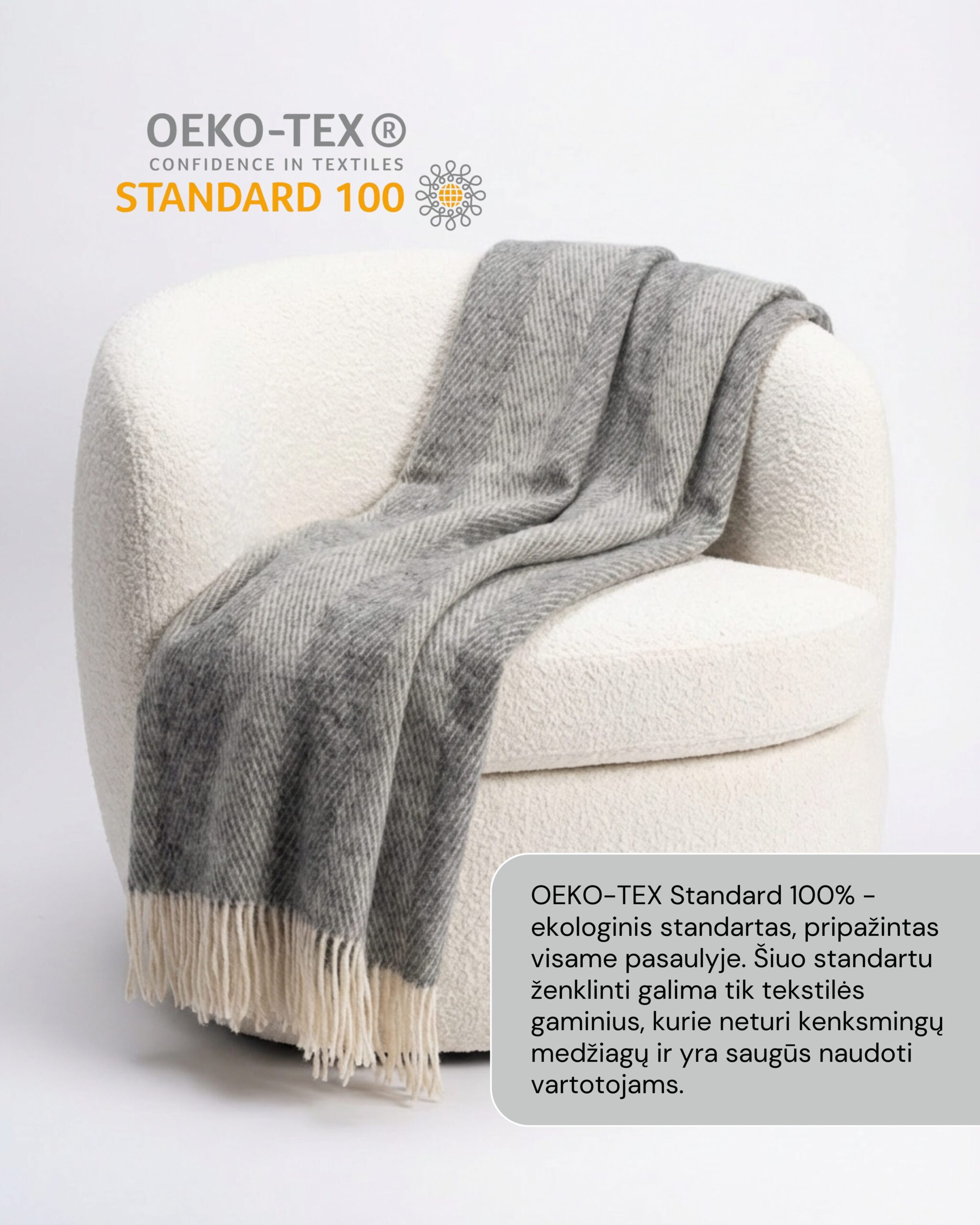 Jaunzēlandes aitu vilnas sega STRIPED LIGHT GREY, WoolLando