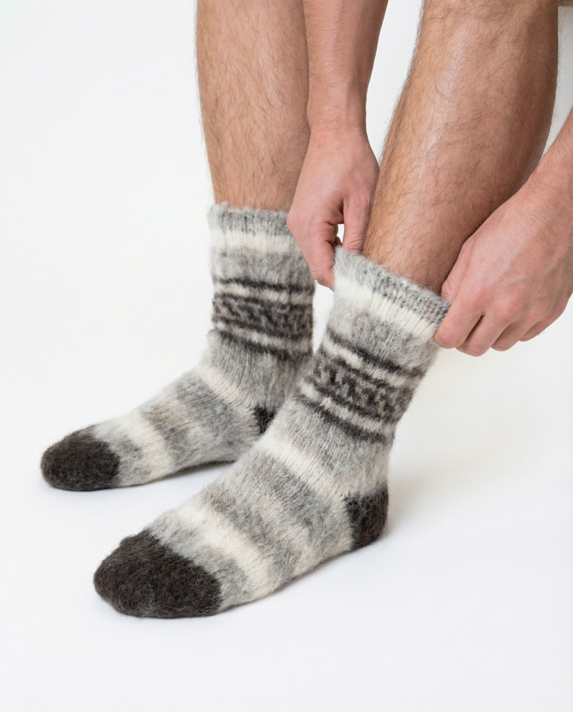 Filcētas 100% Sibīrijas Haskija suņu vilnas daudzkrāsu zeķes, WoolLando