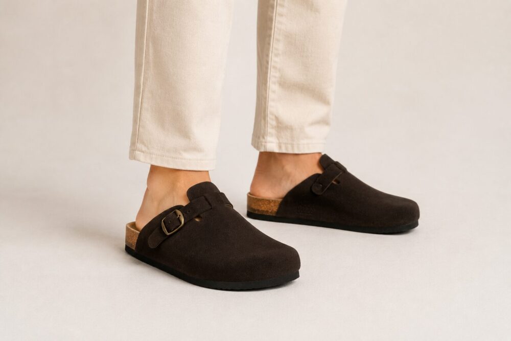 Dunkelbraune Herren-Hausschuhe / Sandalen aus echtem Leder, WoolLando