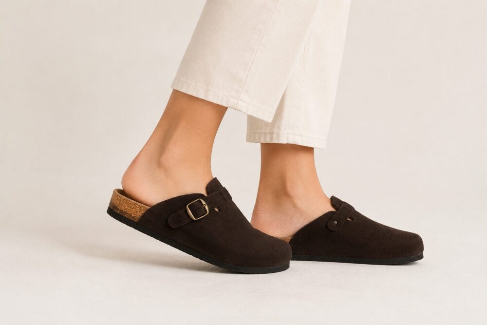 Dunkelbraune Hausschuhe / Sandalen aus echtem Leder, WoolLando
